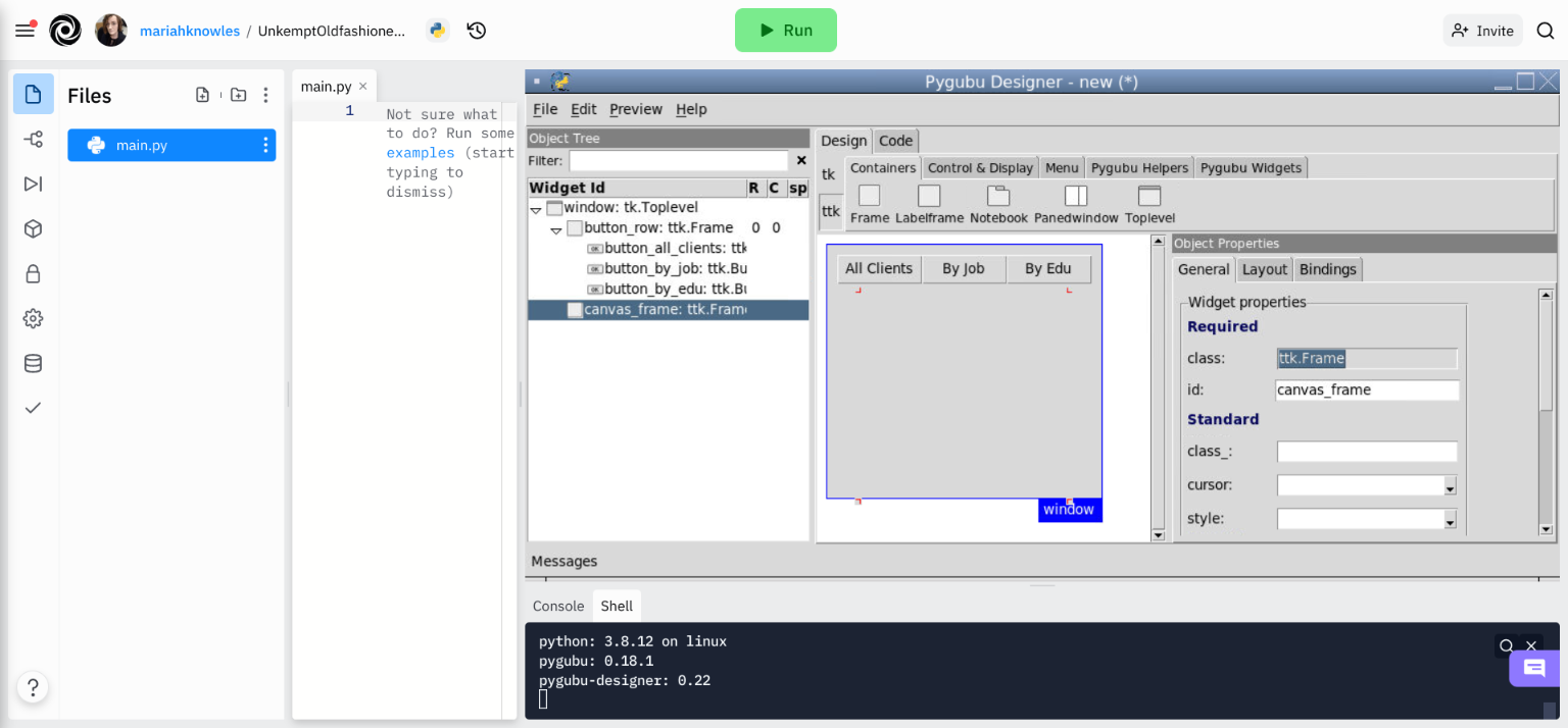 Instructor's GUI Design in Pygubu Designer