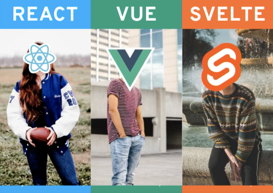 Slide from conference talk depicting anthropomorphized versions of React, Vue, and Svelte frameworks as teen movie archetypes