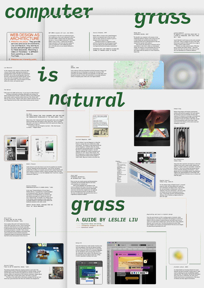 A poster: the title, in green, reads, 'computer grass is natural grass'. Paragraphs of information are laid out across three overlapping tabs/planes. Dotted lines connect various images.