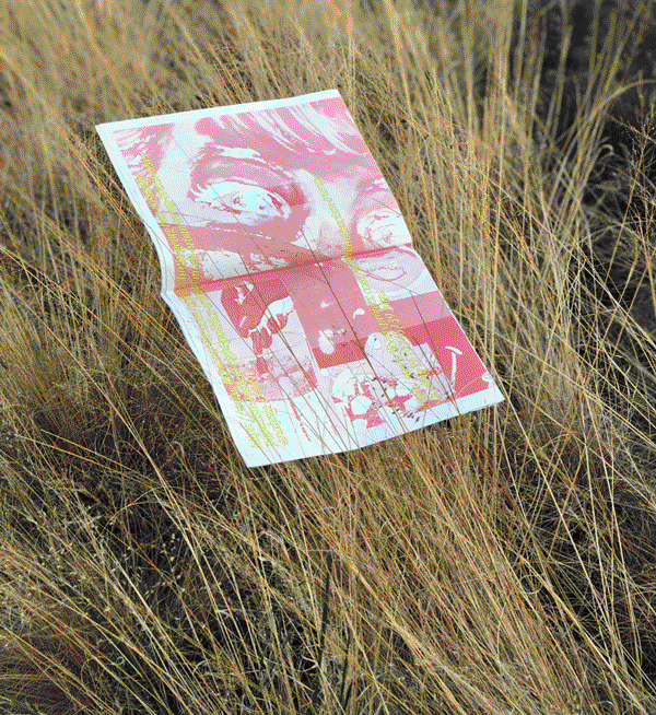A newspaper among bushes, its reverse side up. The broadsheet is printed in a vibrant red hue, with strings of yellow text strewn about.