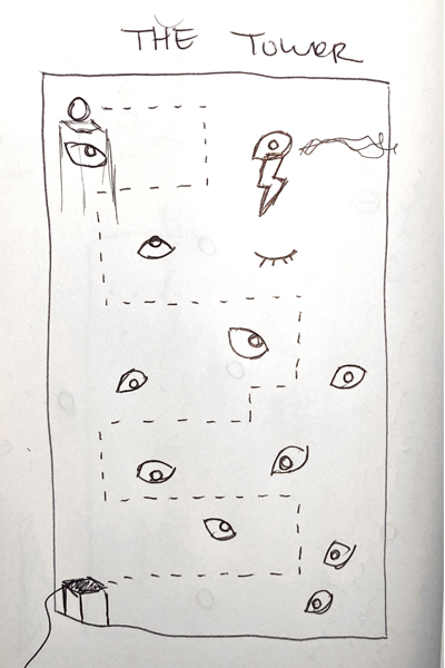 This is ‘The Tower’ tarot card that Aiyo sketched out. The eyes a represented in the final game as the field of visions.”>
<img src=
